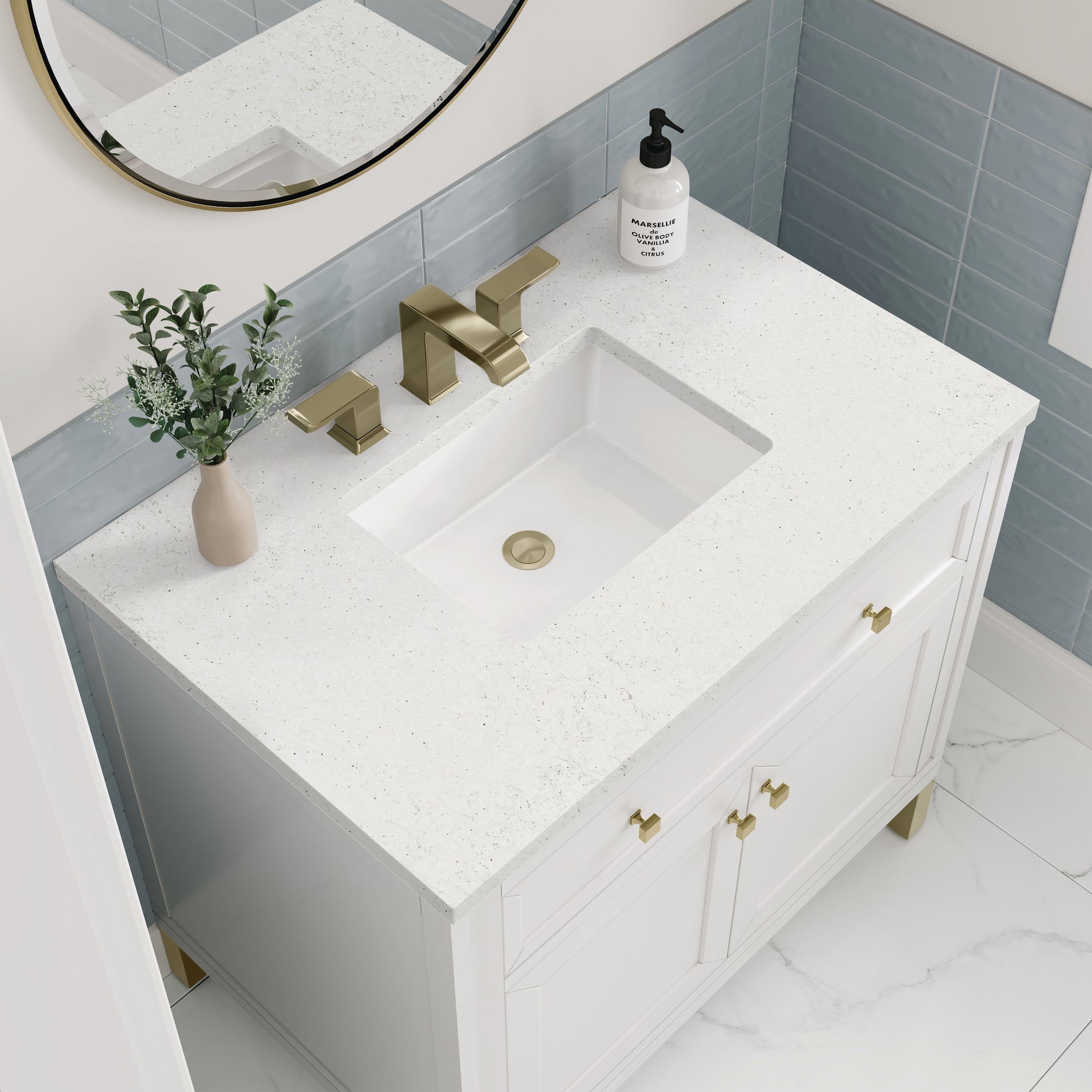 Renovate for Less Atlanta Chicago 36" Single Vanity, Glossy White, w/ 3 CM Lime Delight Silestone® Top