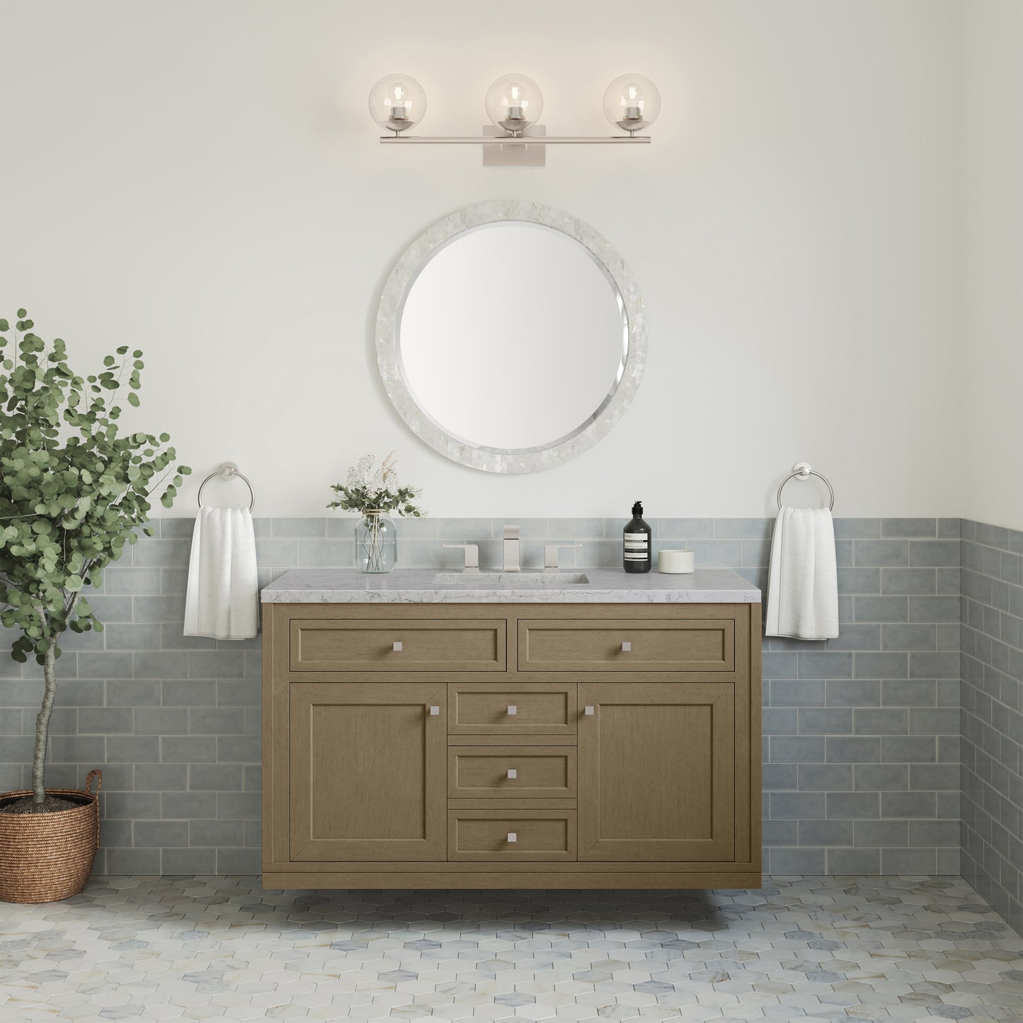 Renovate for Less Atlanta Chicago 48" Single Vanity, Walnut Whisper, w/ 3 CM Eternal Jasmine Pearl Silestone® Top