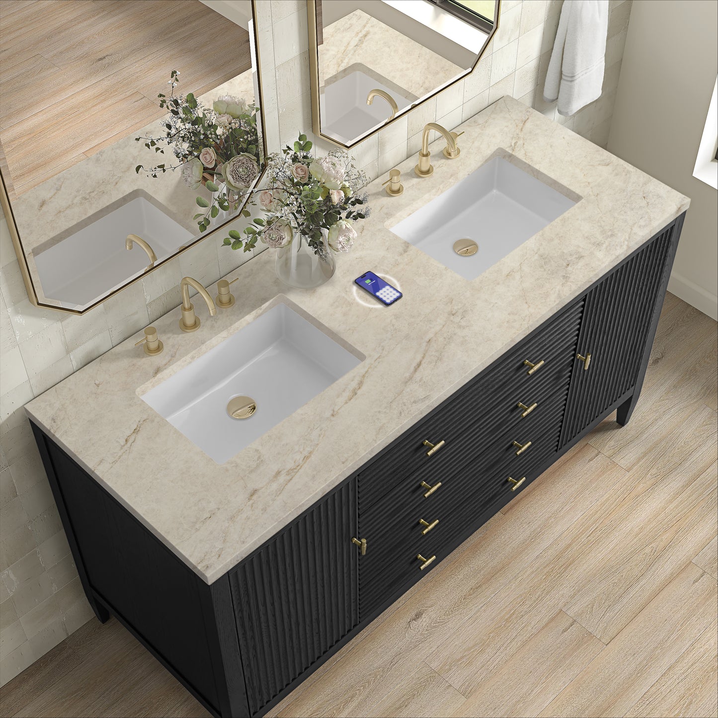 Renovate for Less Atlanta Myrrin 60" Double Vanity, Carbon Oak, w/ 3 CM Tajnar Eclos Top w/FreePower Wireless Charger