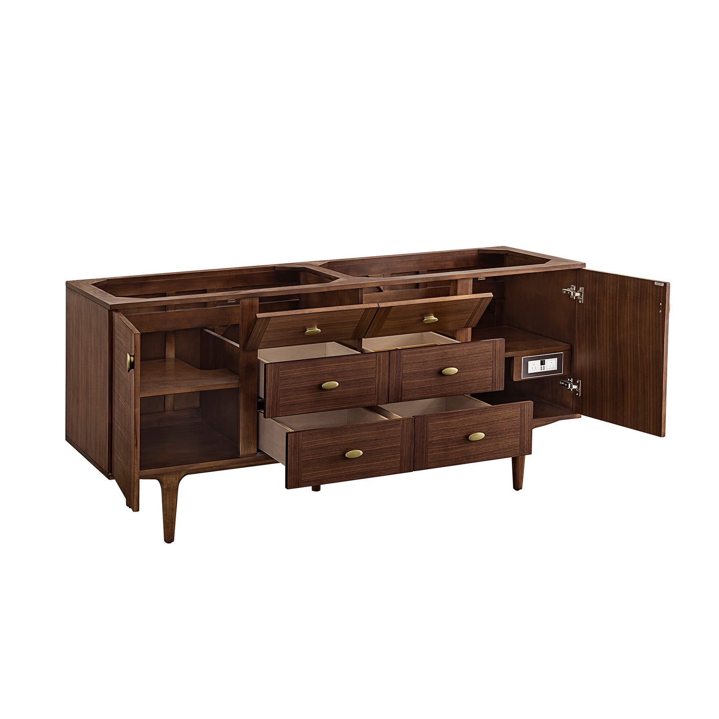 Renovate for Less Atlanta Amberly 72" Double Vanity, Mid-Century Walnut w/ 3 CM Eternal Jasmine Pearl Top w/FreePower Wireless Charger
