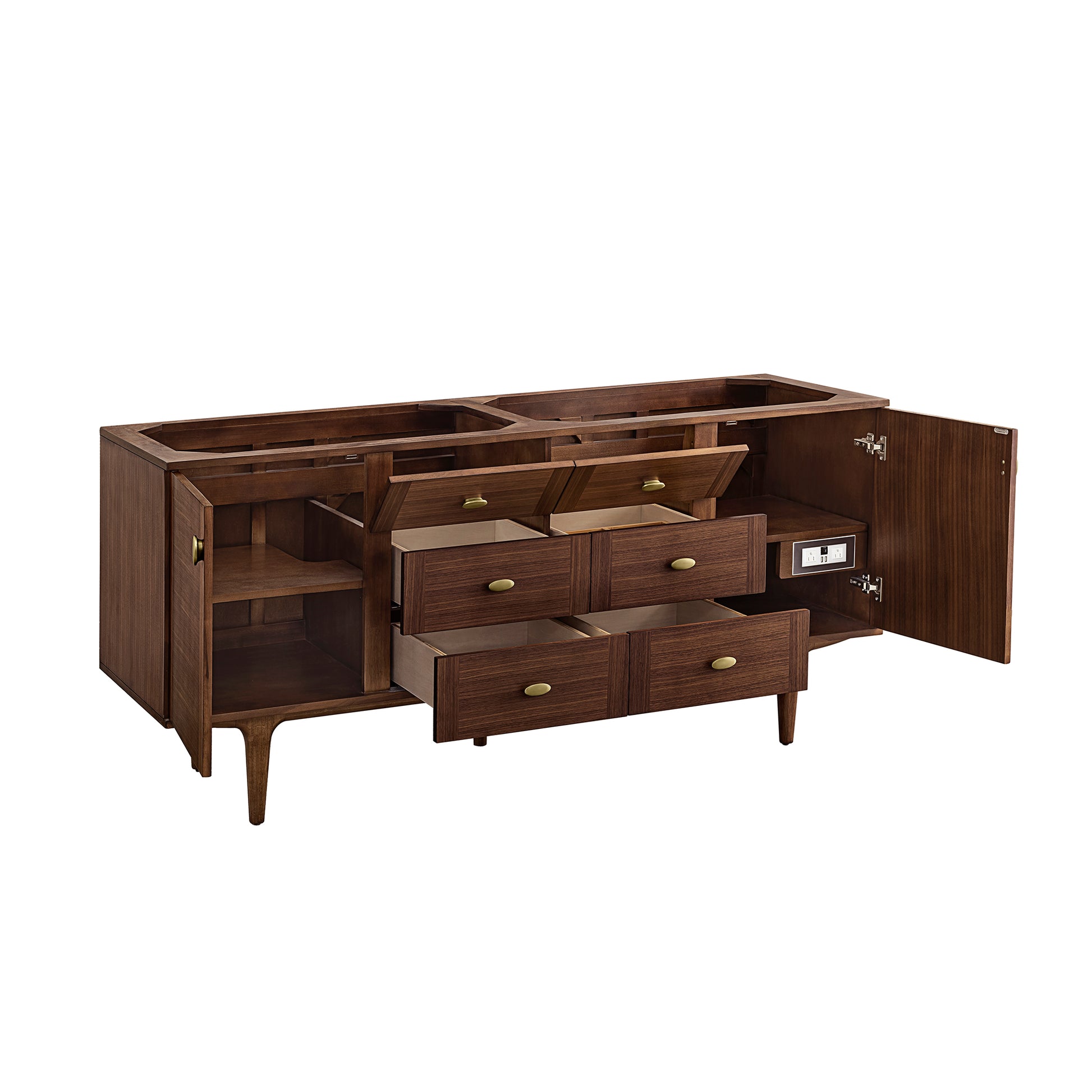 Renovate for Less Atlanta Amberly 72" Double Vanity, Mid-Century Walnut w/ 3 CM Eternal Jasmine Pearl Top w/FreePower Wireless Charger