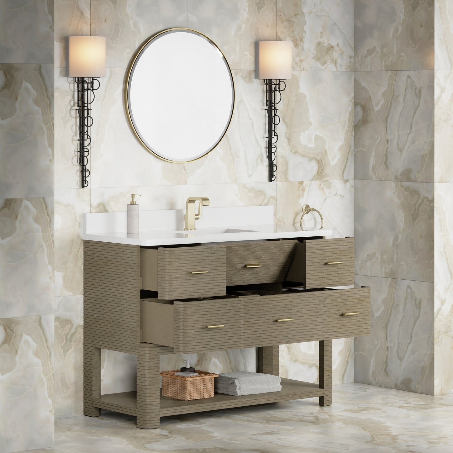 Renovate for Less Atlanta Lucian 48" Single Vanity, Pebble Oak w/ 3 CM White Zeus Silestone Top