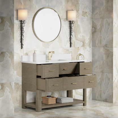 Renovate for Less Atlanta Lucian 48" Single Vanity, Pebble Oak w/ 3 CM White Zeus Silestone Top