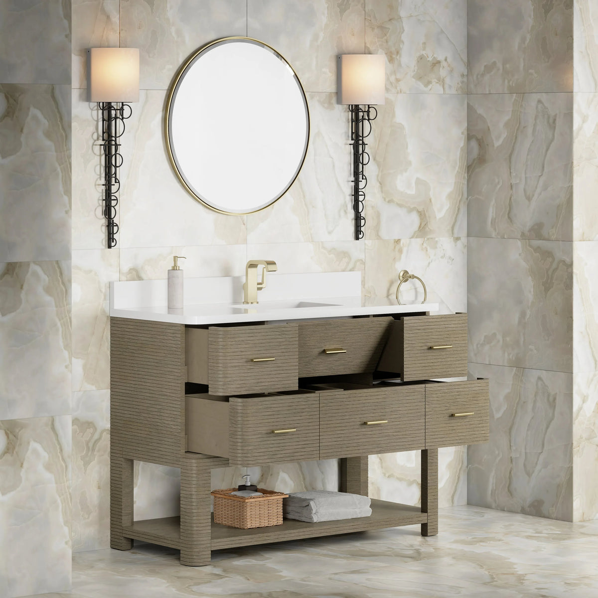 Lucian 48" Single Vanity, Pebble Oak w/ 3 CM White Zeus Silestone Top
