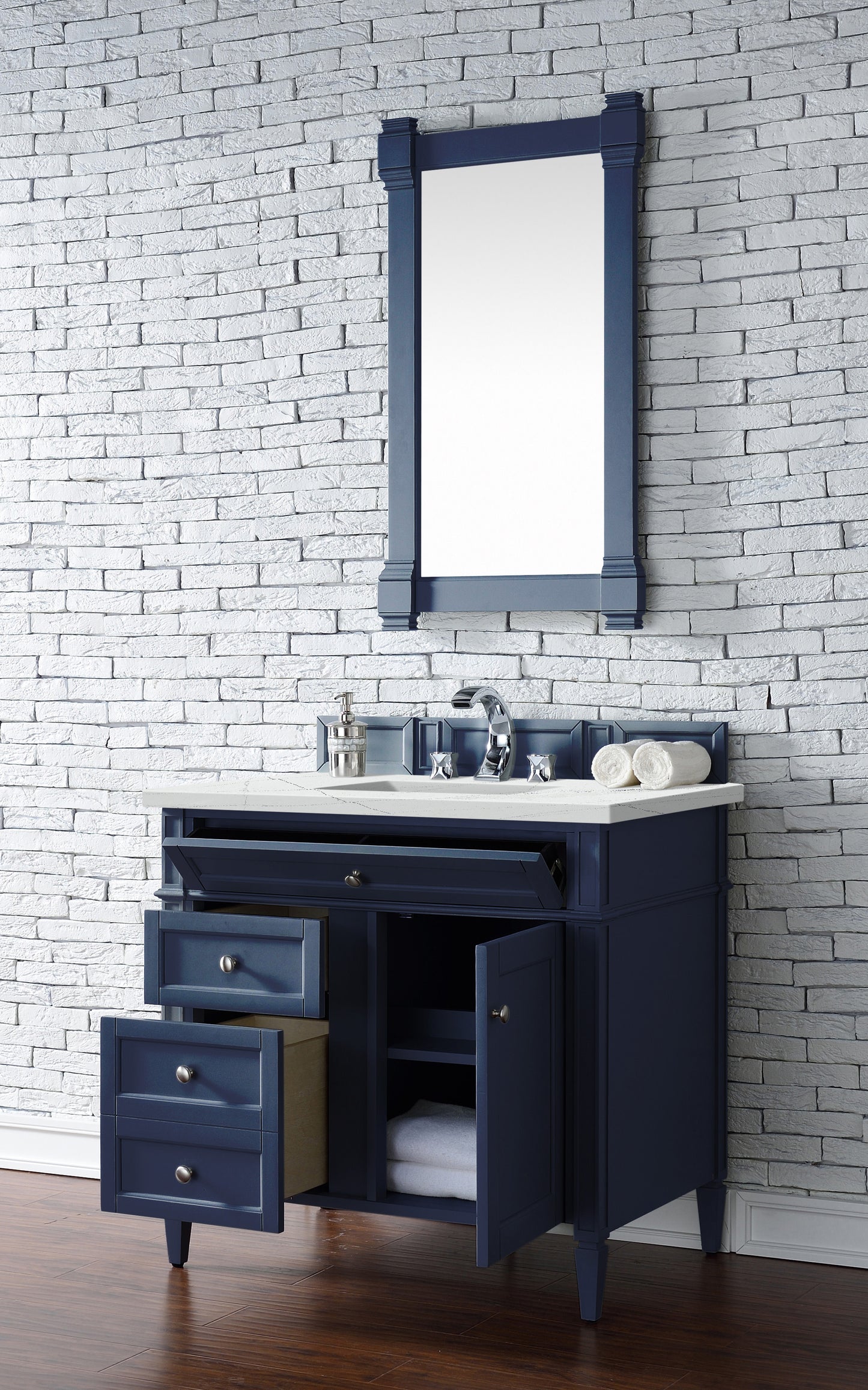 Renovate for Less Atlanta Brittany 36" Single Vanity, Victory Blue w/ 3 CM Ethereal Noctis Silestone Top