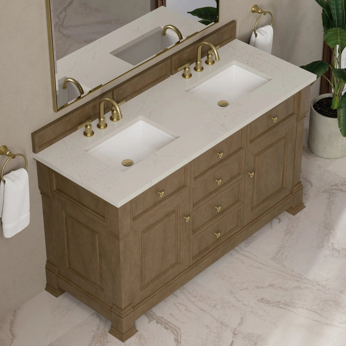 Brookfield 60" Double Vanity, Pecan, w/ 3 CM Siberian Silestone Top