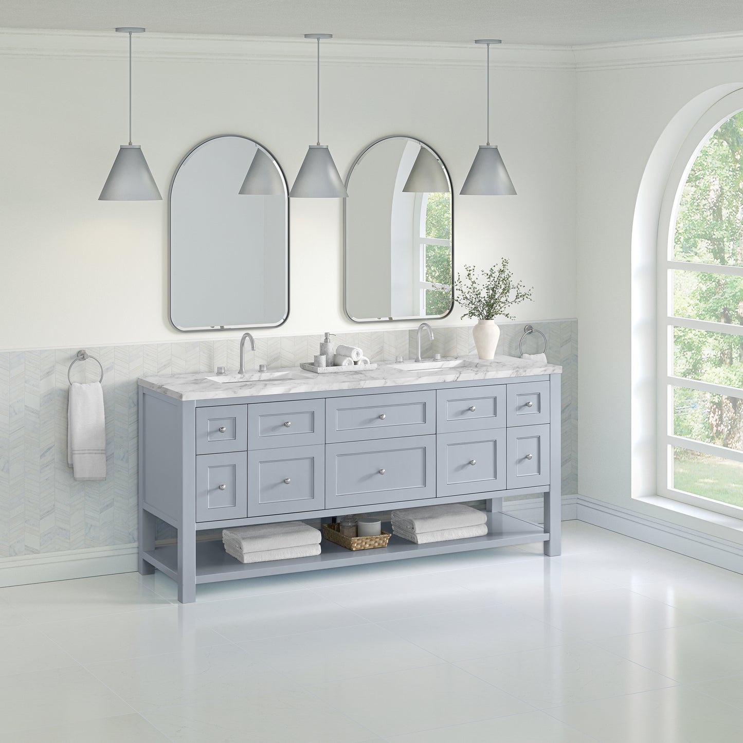 Renovate for Less Atlanta Breckenridge 72" Double Vanity, Serenity Blue, w/ 3 CM Carrara Marble Top