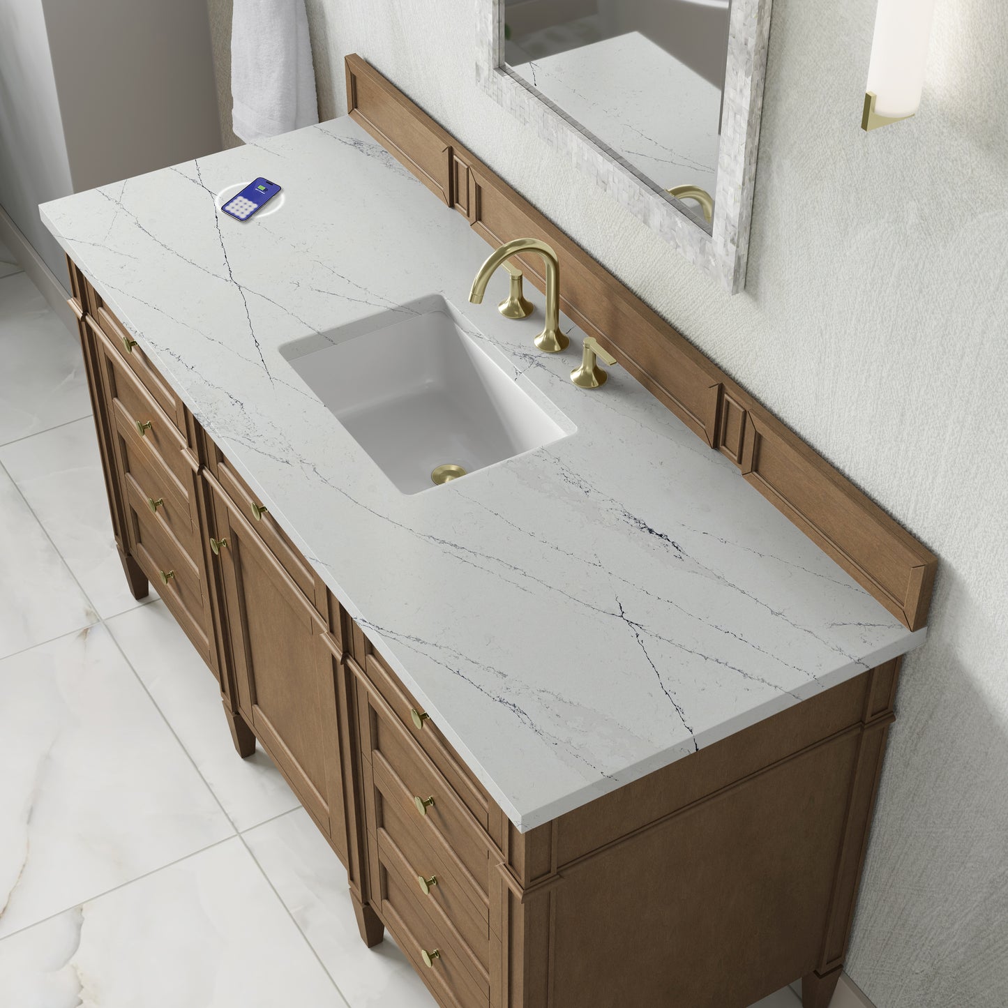 Renovate for Less Atlanta Brittany 60" Single Vanity, Pecan w/ 3 CM Ethereal Noctis Silestone Top w/FreePower Wireless Charger