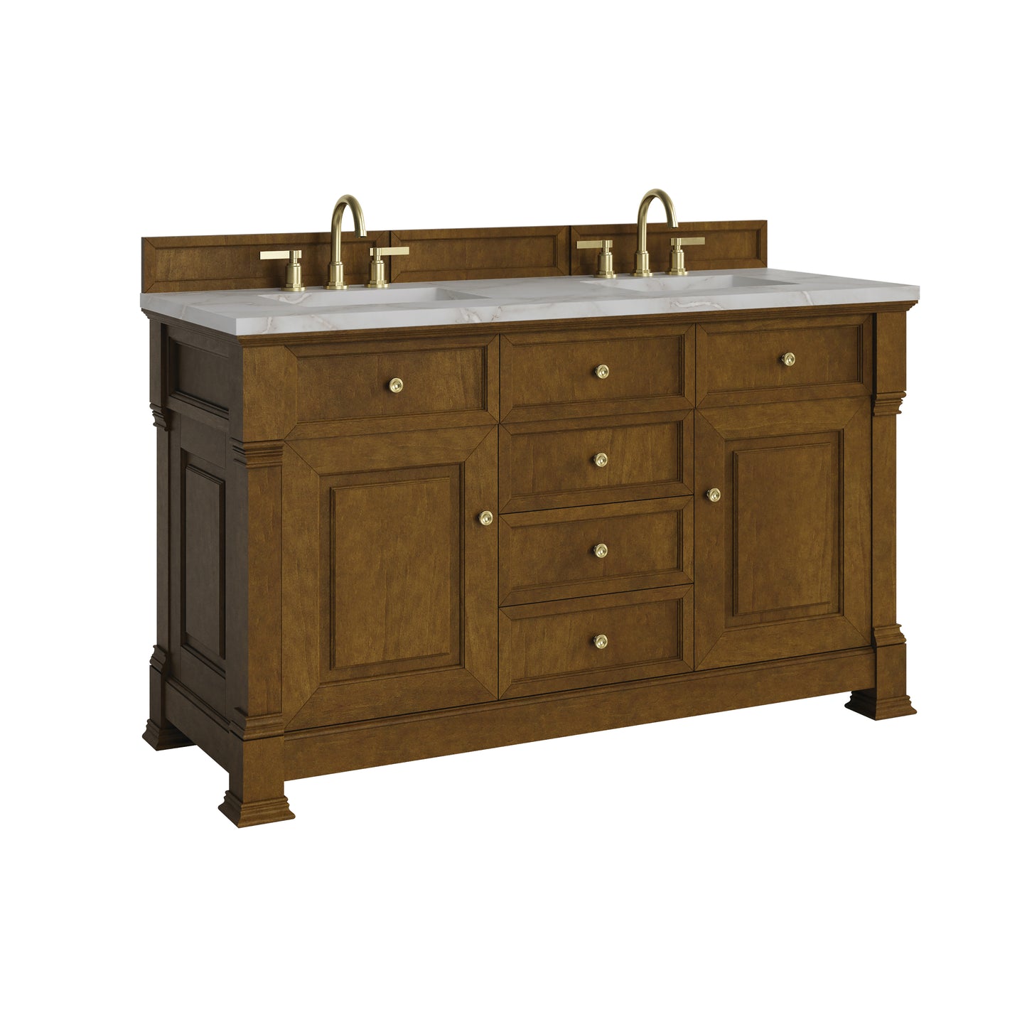 Renovate for Less Atlanta Brookfield 60" Double Vanity, Honey Oak w/ 3 CM Victorian Silver Silestone Top w/FreePower Wireless Charger