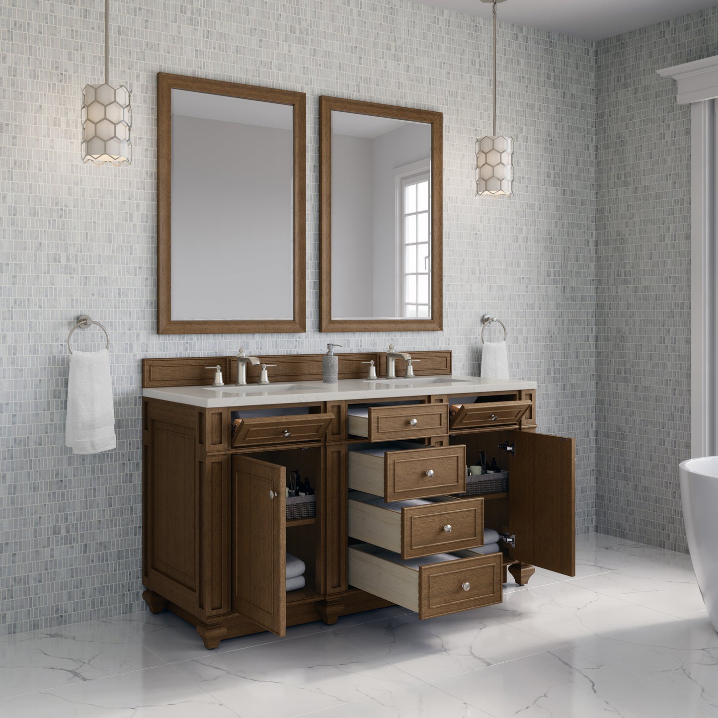 Renovate for Less Atlanta Bristol 60" Double Vanity, Saddle Brown, w/ 3 CM Siberian Silestone Top