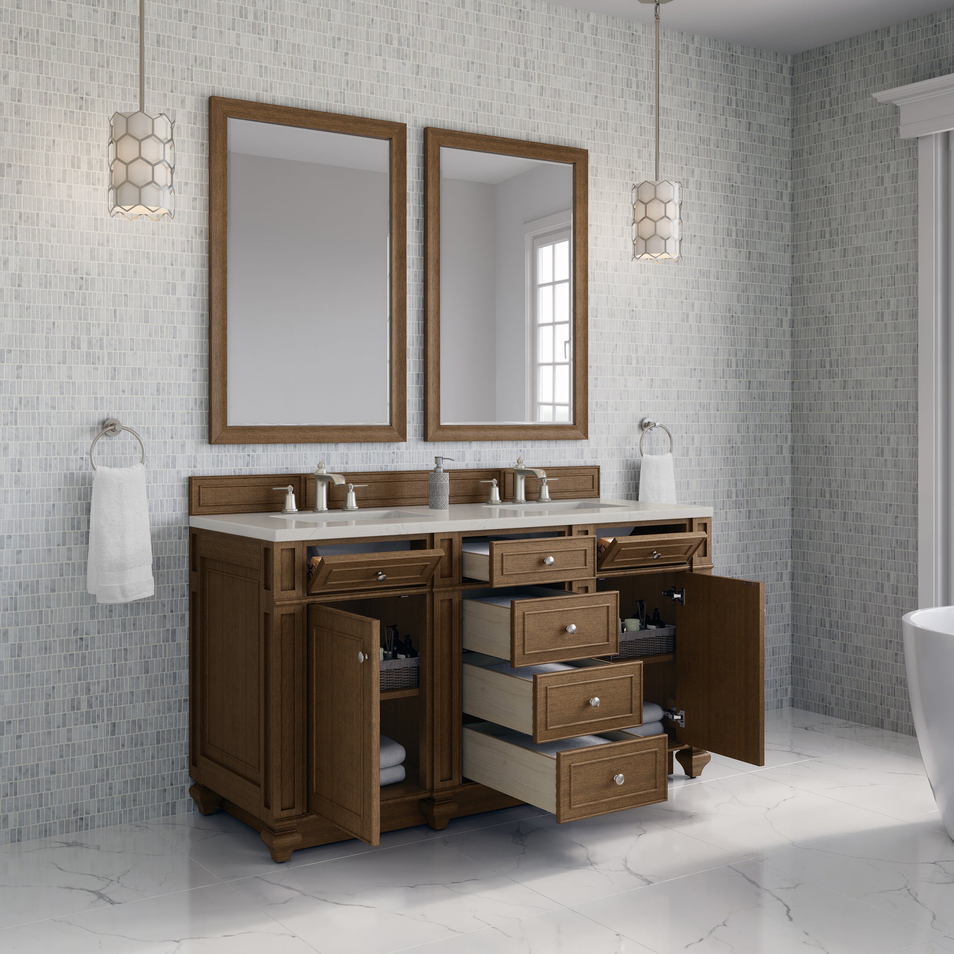 Renovate for Less Atlanta Bristol 60" Double Vanity, Saddle Brown, w/ 3 CM Siberian Silestone Top