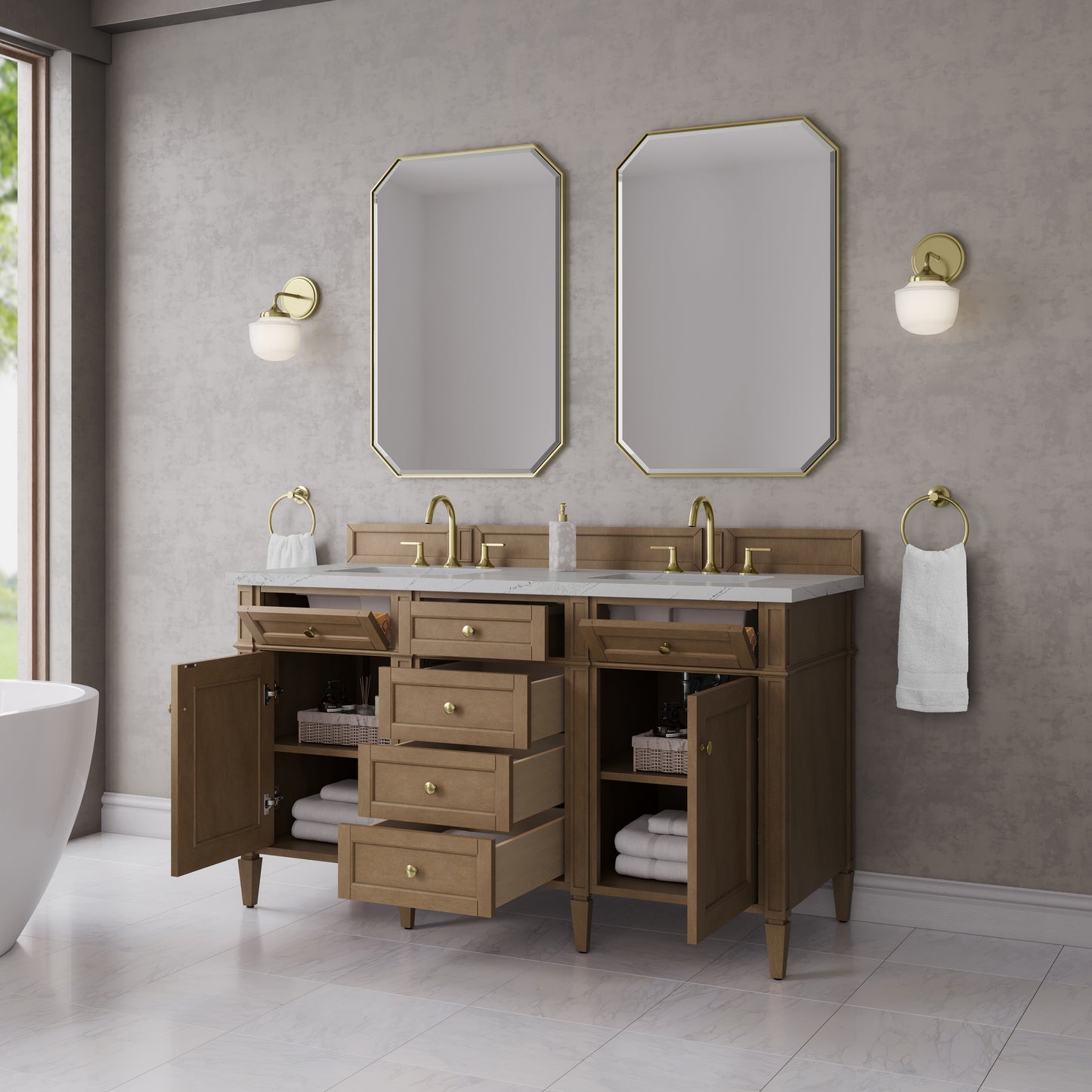 Renovate for Less Atlanta Brittany 60" Double Vanity, Pecan w/ 3 CM Ethereal Noctis Silestone Top