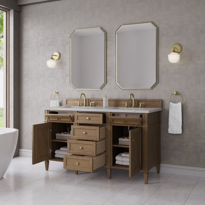 Renovate for Less Atlanta Brittany 60" Double Vanity, Pecan w/ 3 CM Ethereal Noctis Silestone Top