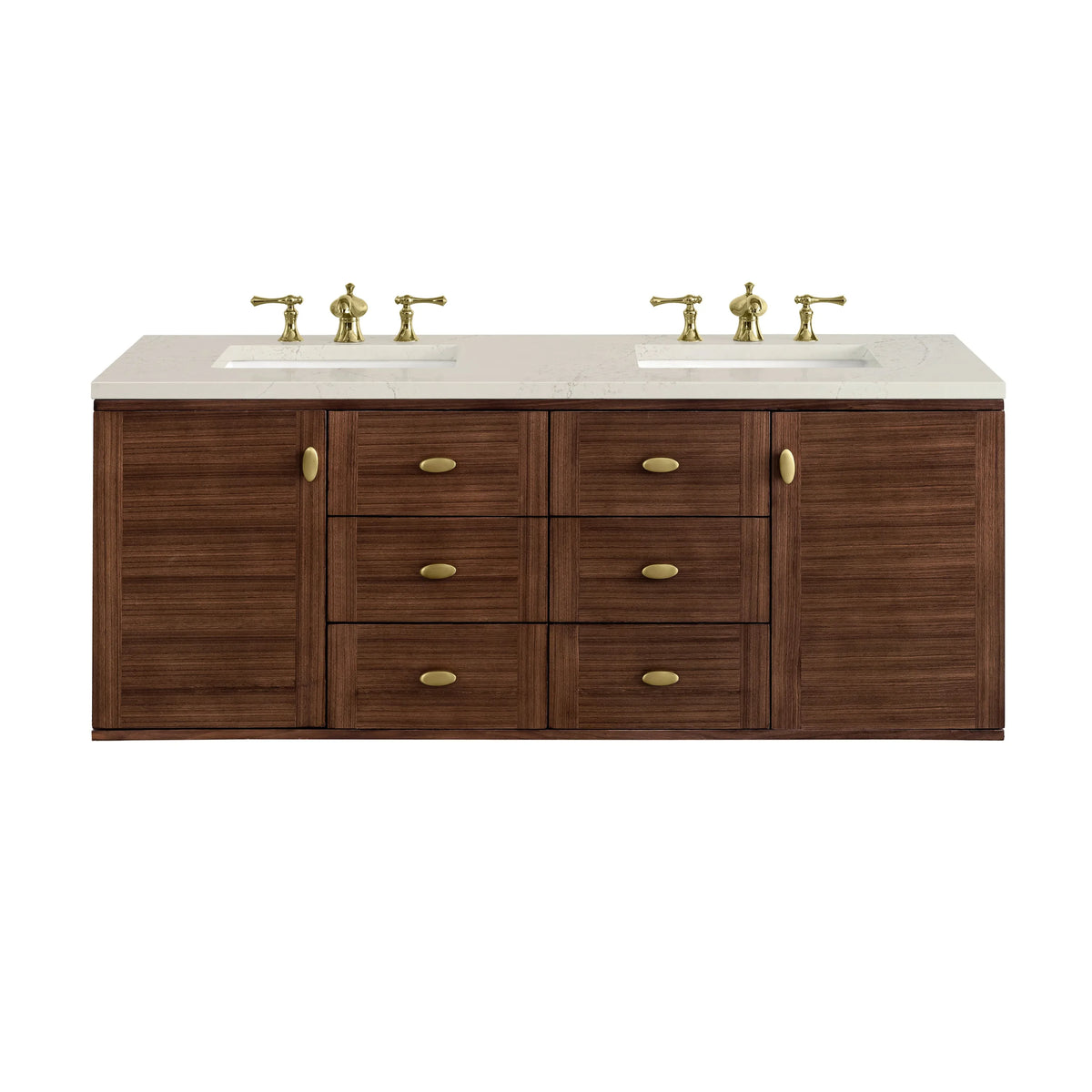 Amberly 60" Double Vanity, Mid-Century Walnut, w/ 3 CM Siberian Silestone Top w/FreePower Wireless Charger