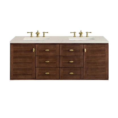 Amberly 60" Double Vanity, Mid-Century Walnut, w/ 3 CM Siberian Silestone Top w/FreePower Wireless Charger