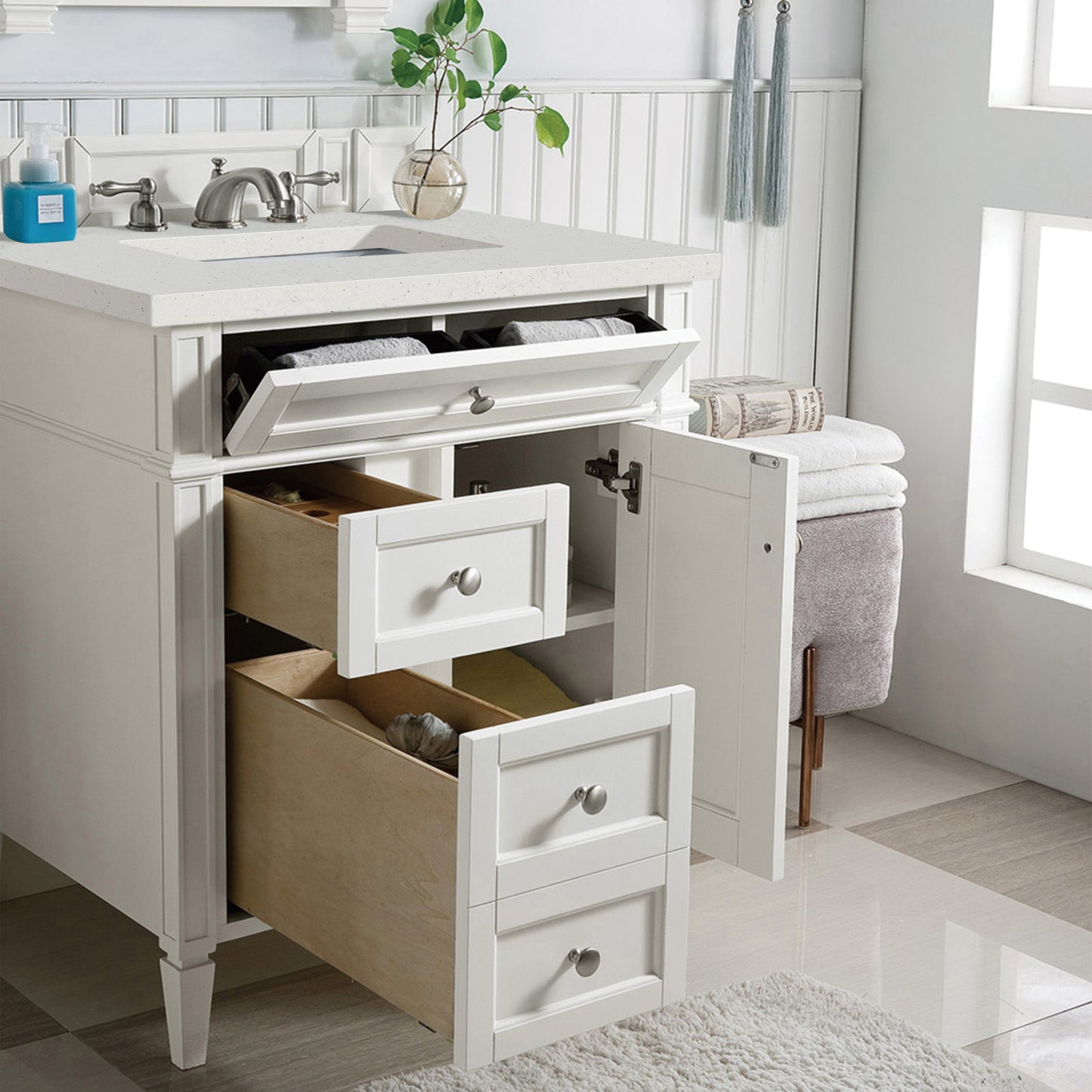 Renovate for Less Atlanta Brittany 30" Single Vanity, Bright White, w/ 3 CM Lime Delight Silestone Top