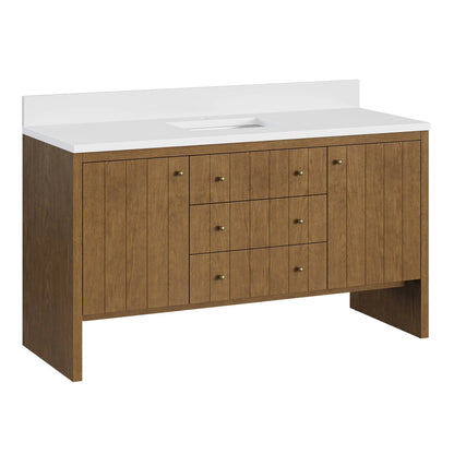 Hudson 60" Single Vanity, Honey Oak w/ Single Hole 3 CM White Zeus Silestone Top and Matching Backsplash