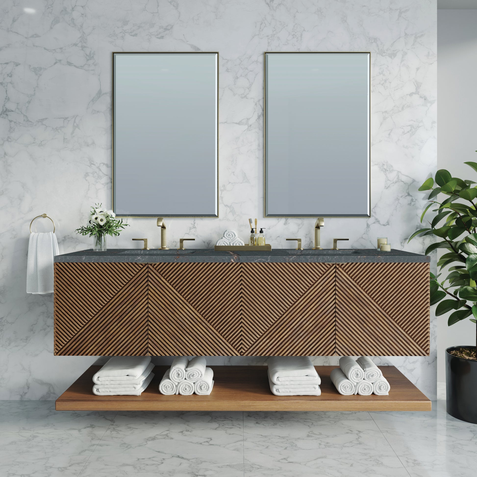 Renovate for Less Atlanta Marcello 72" Double Vanity, Chestnut w/ 3 CM Parisien Bleu Top w/FreePower Wireless Charger