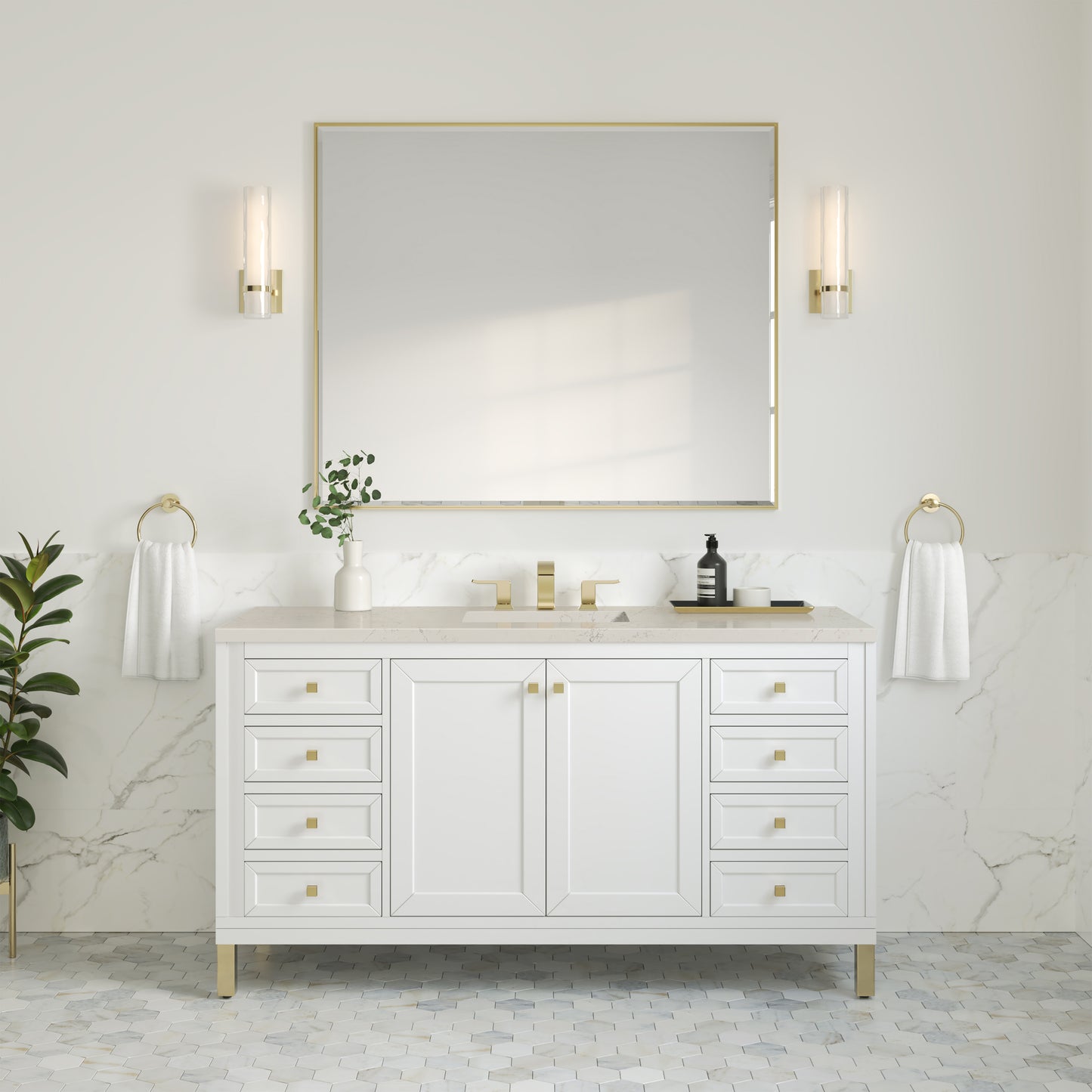 Renovate for Less Atlanta Chicago 60" Single Vanity, Glossy White, w/ 3 CM Siberian Silestone Top w/FreePower Wireless Charger