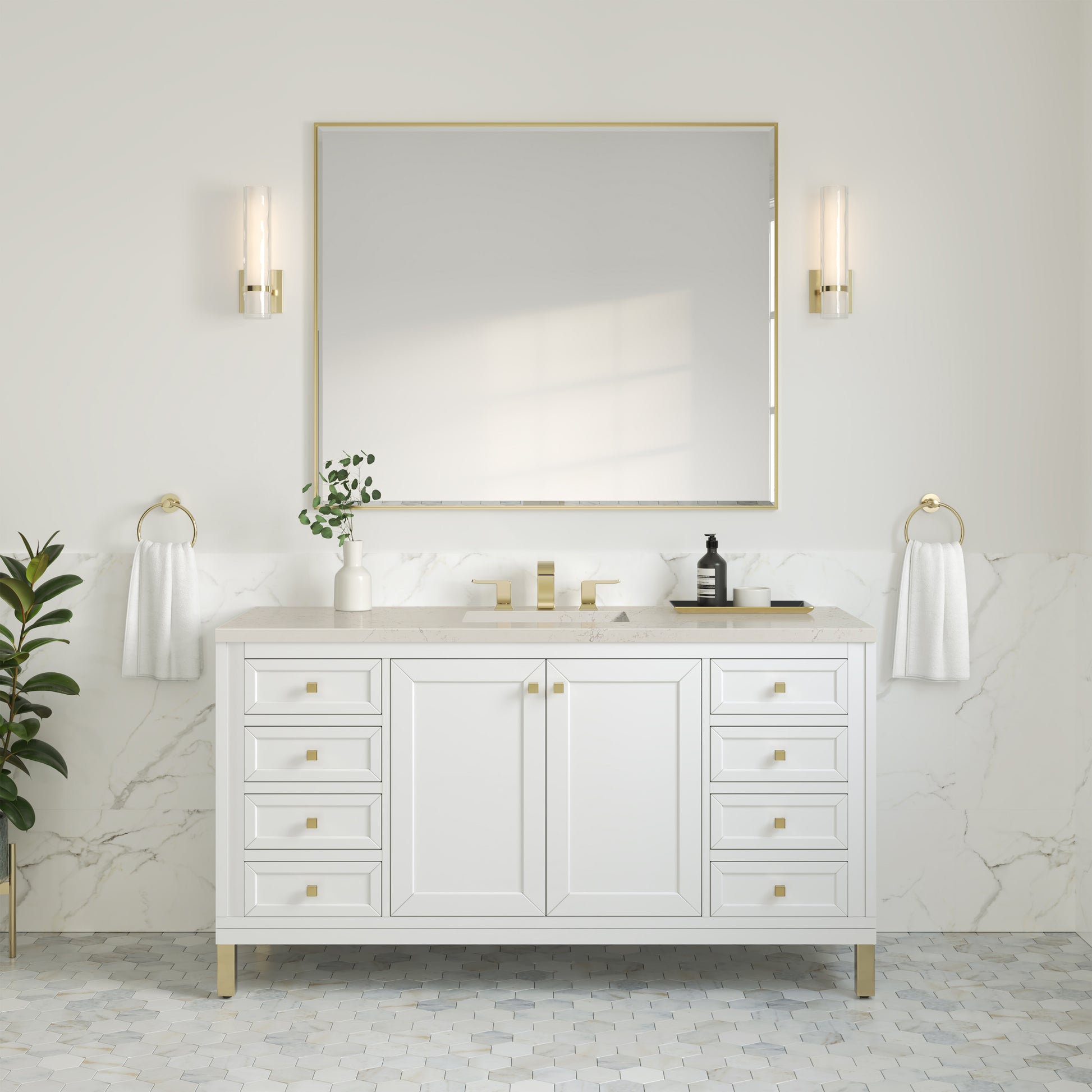 Renovate for Less Atlanta Chicago 60" Single Vanity, Glossy White, w/ 3 CM Siberian Silestone Top w/FreePower Wireless Charger