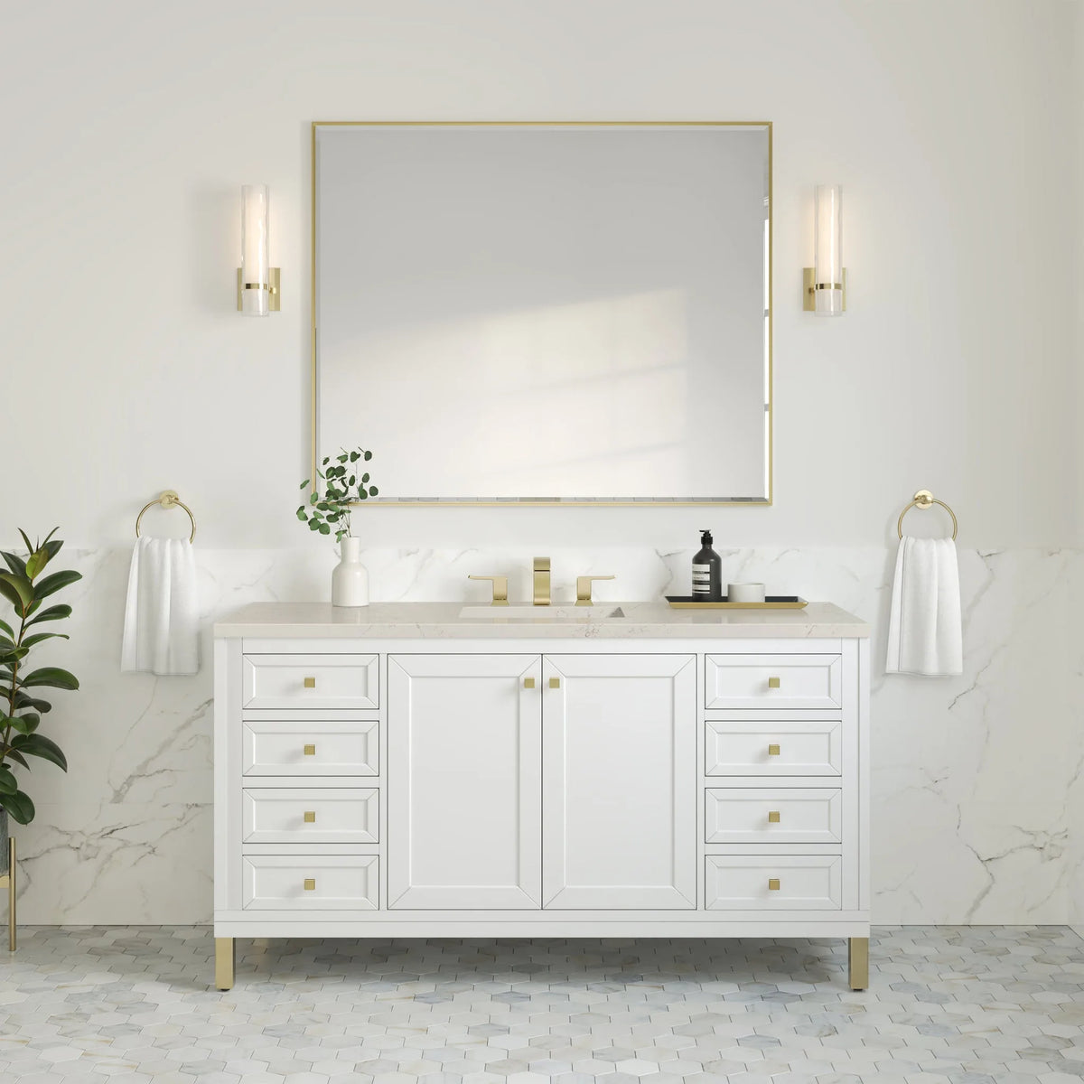 Chicago 60" Single Vanity, Glossy White, w/ 3 CM Siberian Silestone Top