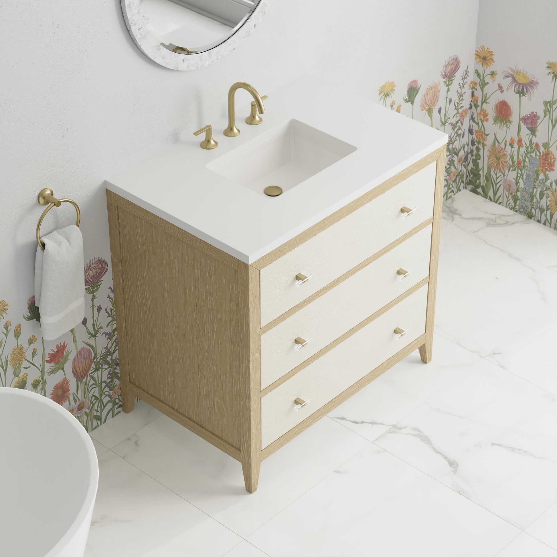Renovate for Less Atlanta Celeste 36" Single Vanity, Sunwashed Oak with Embossed Shagreen w/ 3 CM White Zeus Silestone Top