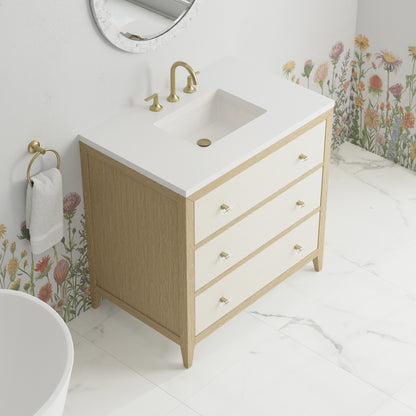 Renovate for Less Atlanta Celeste 36" Single Vanity, Sunwashed Oak with Embossed Shagreen w/ 3 CM White Zeus Silestone Top