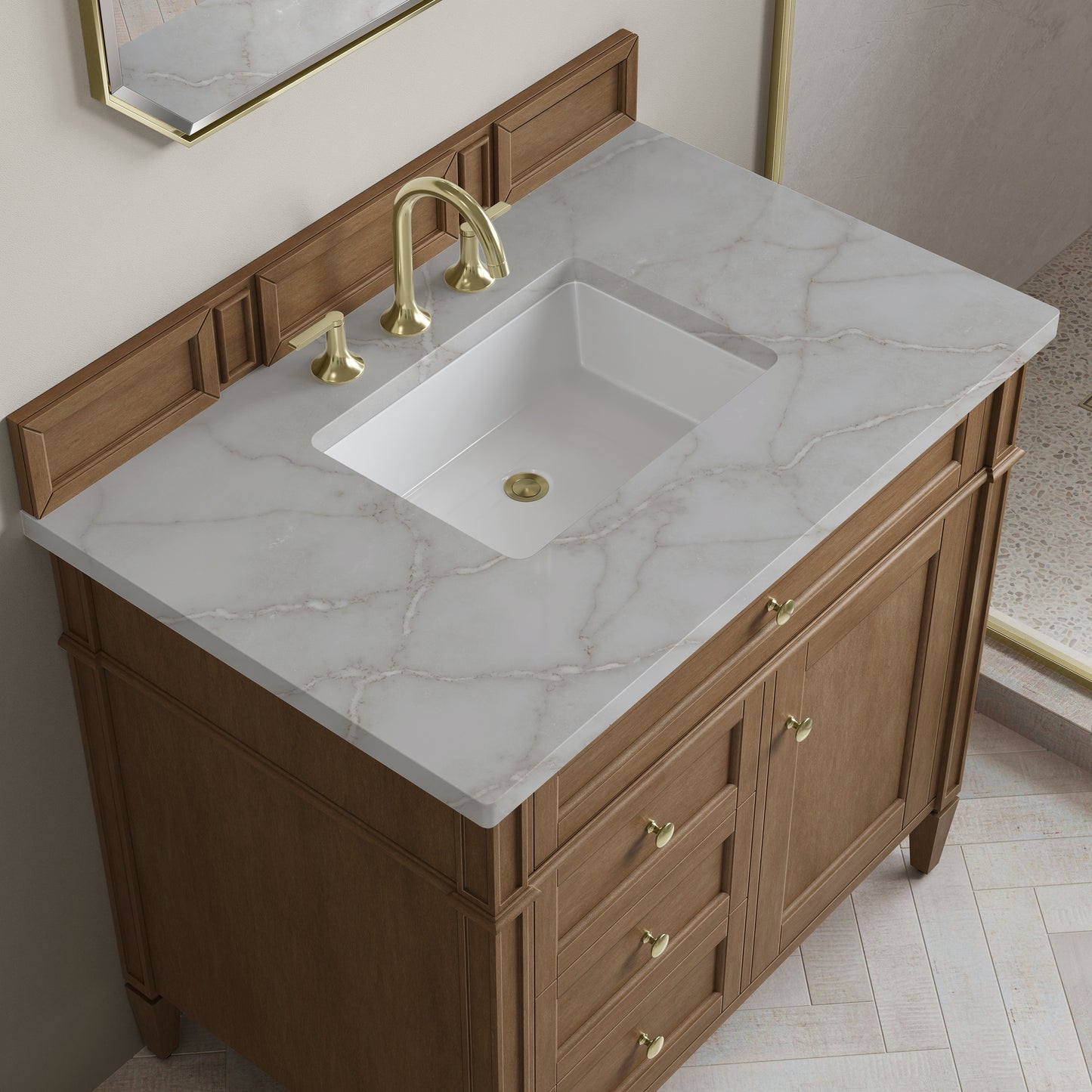 Renovate for Less Atlanta Brittany 36" Single Vanity, Pecan w/ 3 CM Victorian Silver Silestone Top