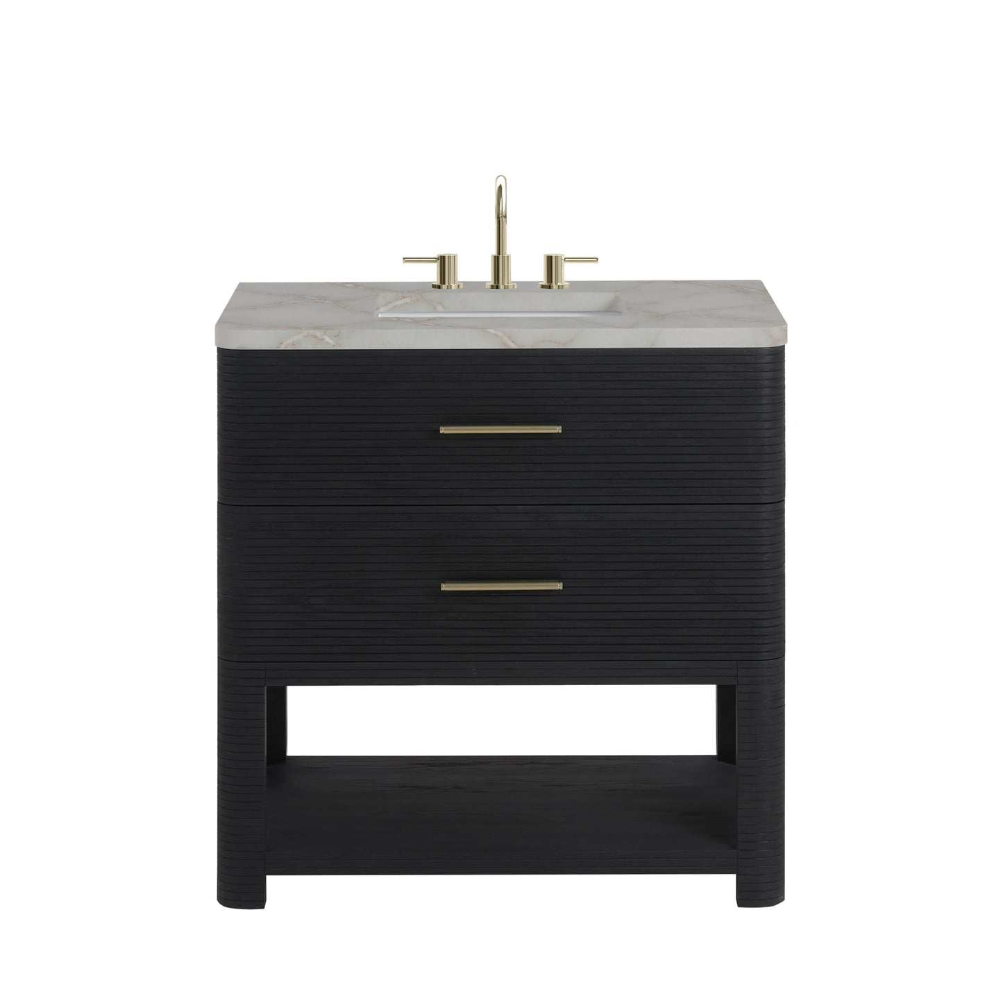 Renovate for Less Atlanta Lucian 36" Single Vanity, Carbon Oak w/ 3 CM Victorian Silver Silestone Widespread Top