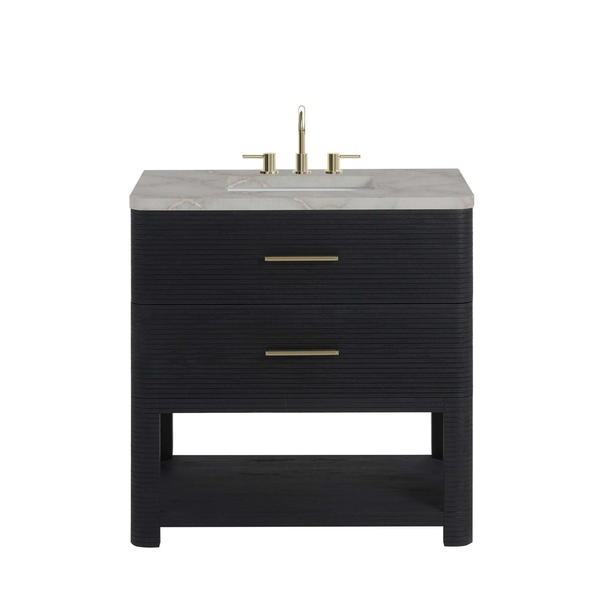 Renovate for Less Atlanta Lucian 36" Single Vanity, Carbon Oak w/ 3 CM Victorian Silver Silestone Widespread Top