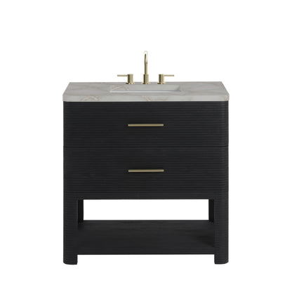 Renovate for Less Atlanta Lucian 36" Single Vanity, Carbon Oak w/ 3 CM Victorian Silver Silestone Widespread Top