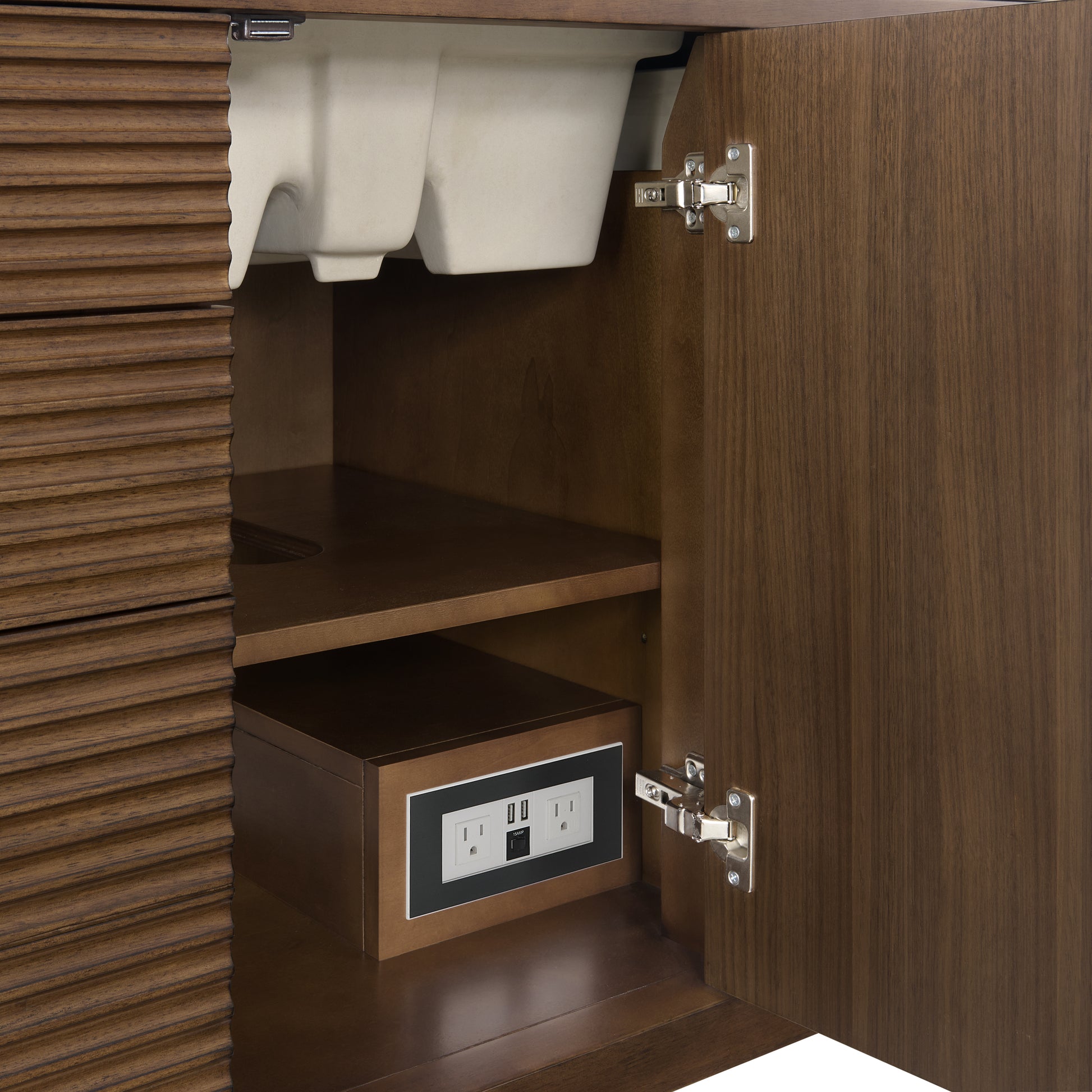Renovate for Less Atlanta Myrrin 48" Single Vanity, Mid Century Walnut w/ 3 CM Victorian Silver Silestone Top w/FreePower Wireless Charger