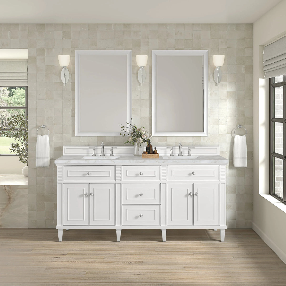 Lorelai 72" Double Vanity, Bright White w/ 3 CM Victorian Silver Silestone Top w/FreePower Wireless Charger