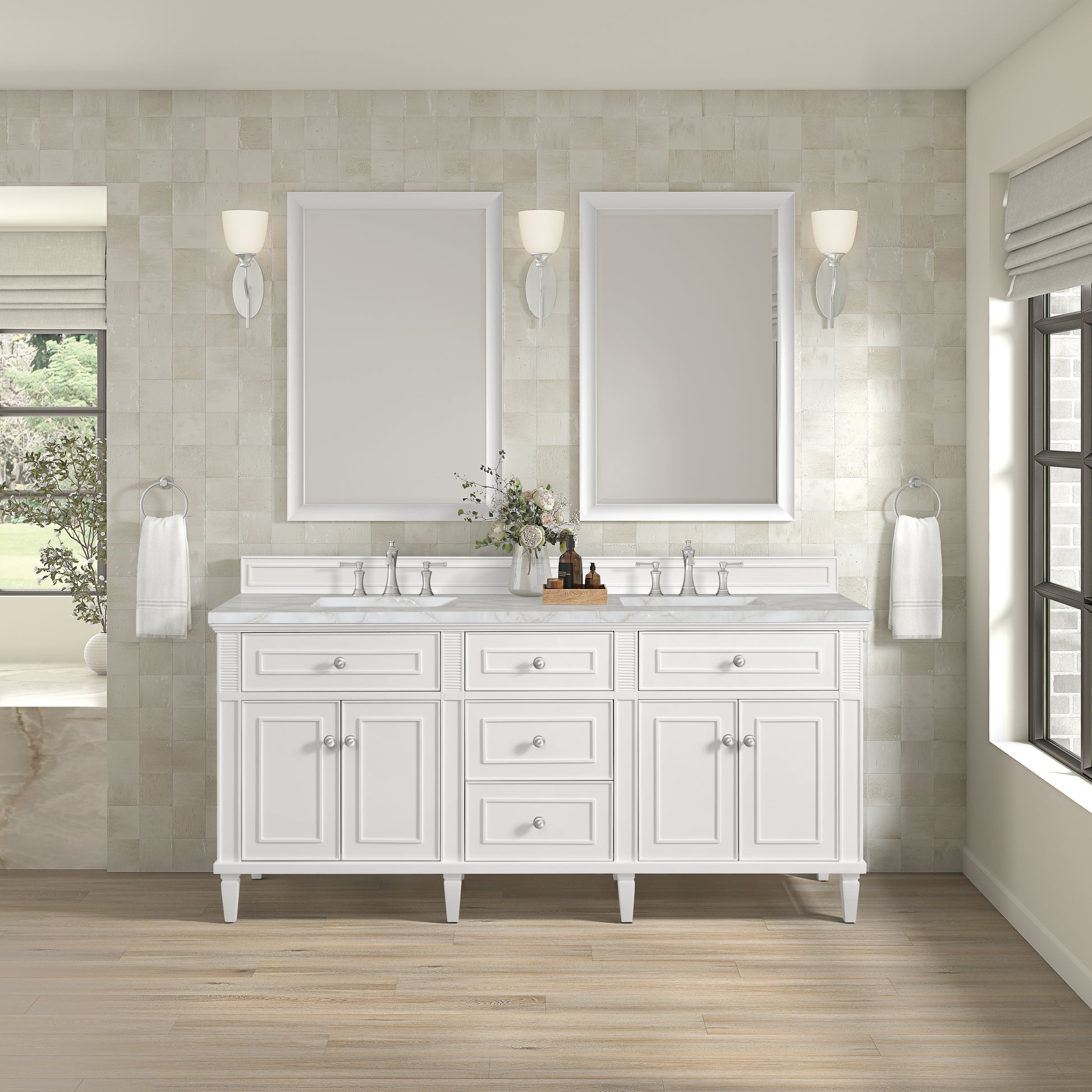 Renovate for Less Atlanta Lorelai 72" Double Vanity, Bright White w/ 3 CM Victorian Silver Silestone Top w/FreePower Wireless Charger