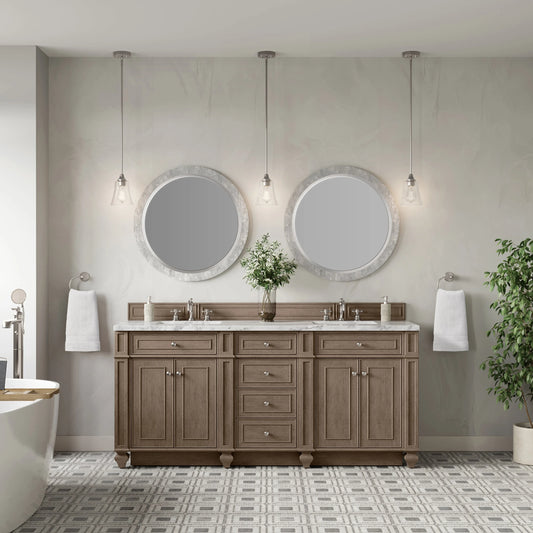 Bristol 72" Double Vanity, Whitewashed Walnut w/ 3 CM Carrara Marble Top