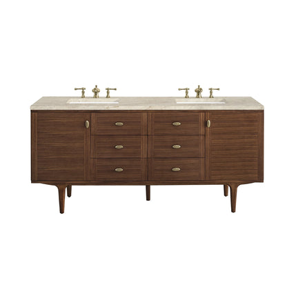 Amberly 72" Double Vanity, Mid-Century Walnut, w/ 3 CM Tajnar Eclos Top w/FreePower Wireless Charger