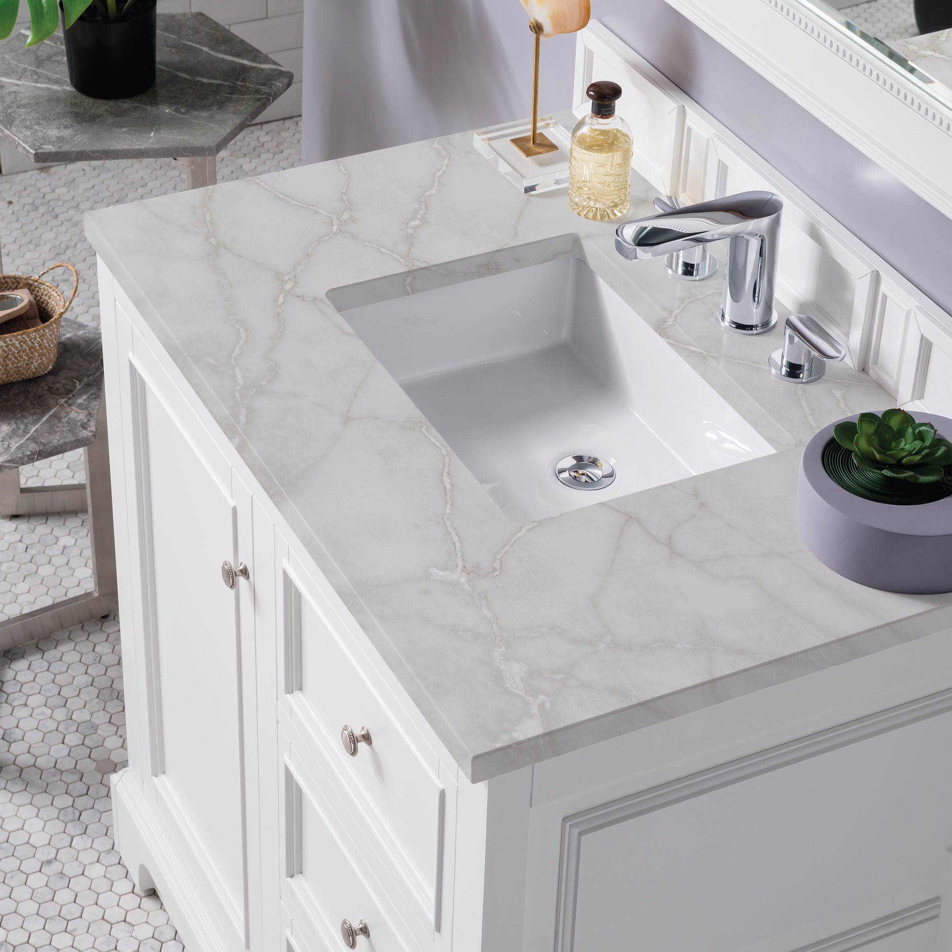Renovate for Less Atlanta De Soto 36" Single Vanity, Bright White w/ 3 CM Victorian Silver Silestone Top