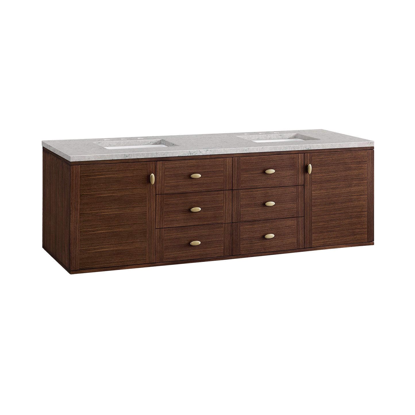 Renovate for Less Atlanta Amberly 72" Double Vanity, Mid-Century Walnut w/ 3 CM Eternal Jasmine Pearl Top w/FreePower Wireless Charger