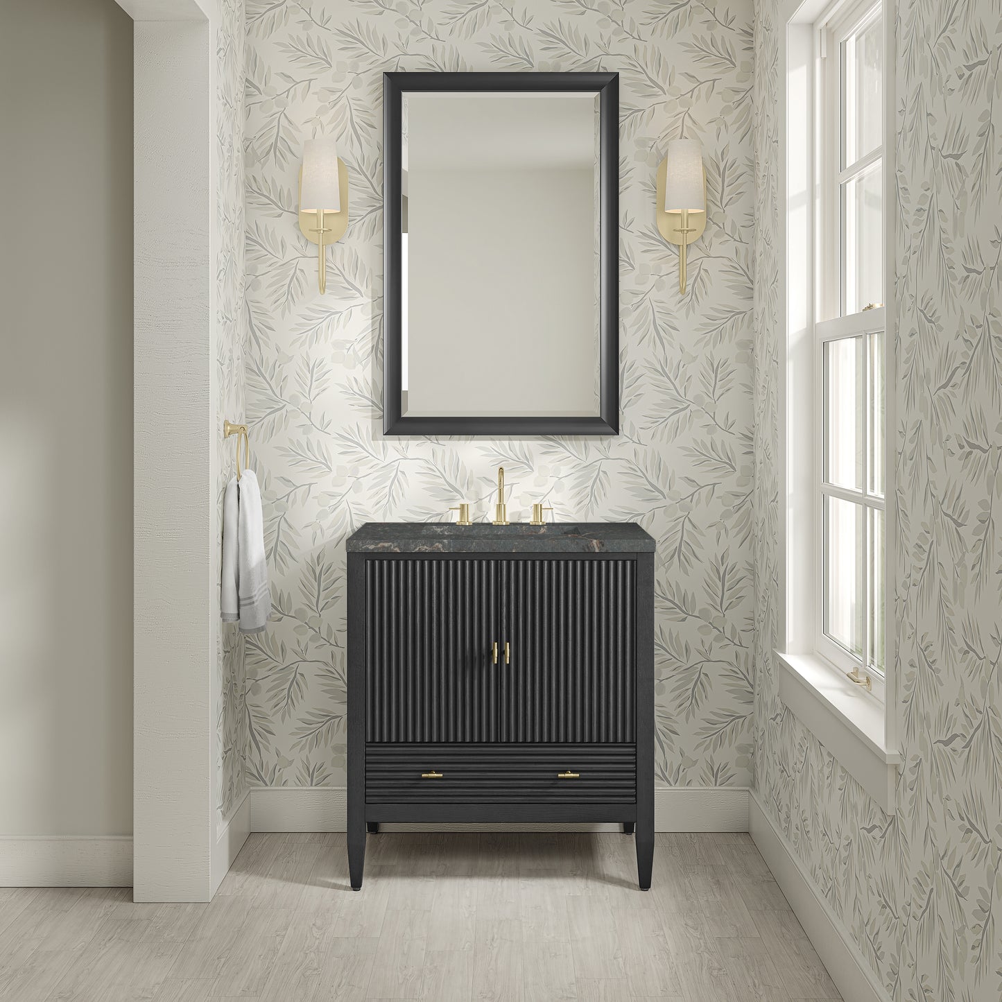 Renovate for Less Atlanta Myrrin 30" Single Vanity, Carbon Oak w/ 3 CM Parisien Bleu Silestone Top