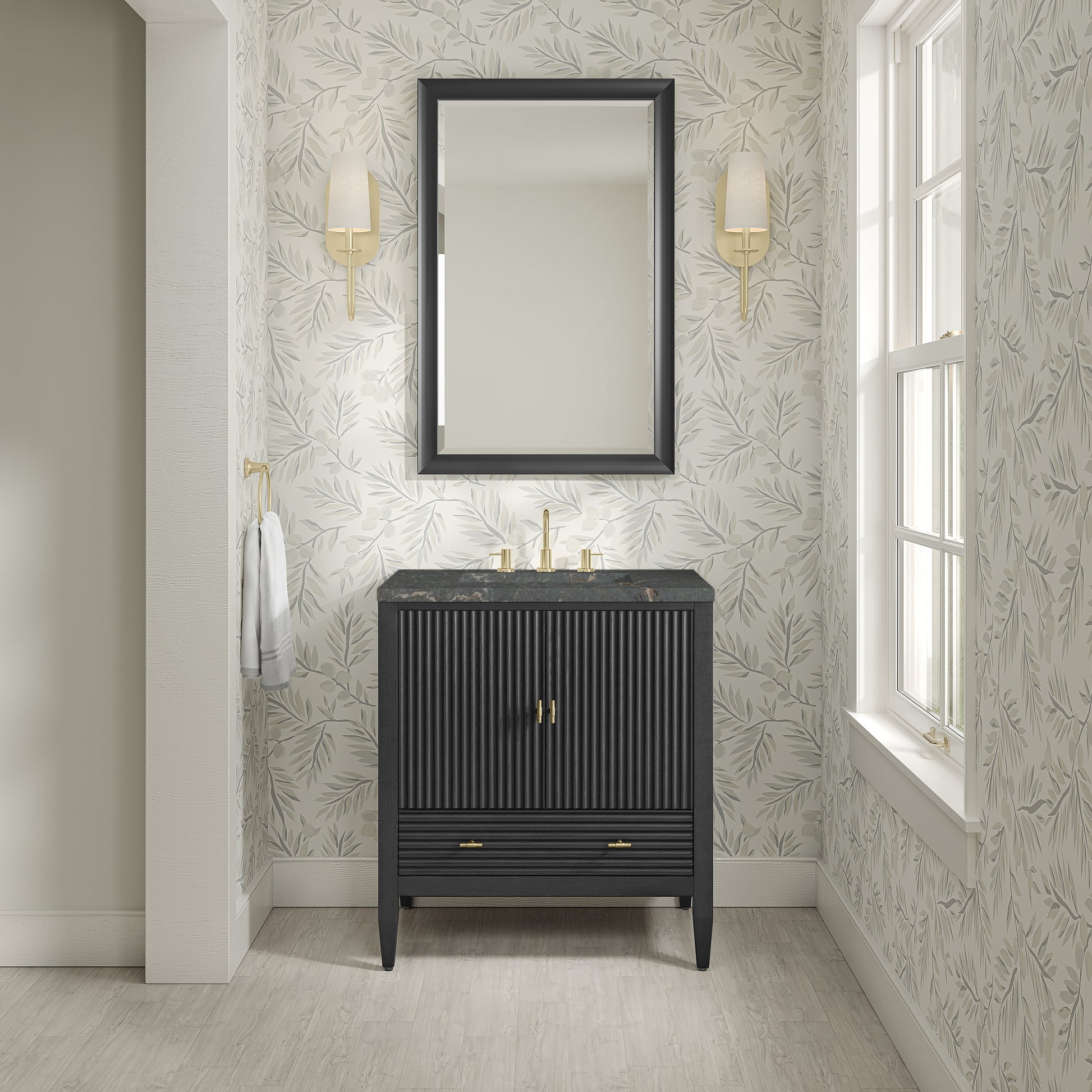 Renovate for Less Atlanta Myrrin 30" Single Vanity, Carbon Oak w/ 3 CM Parisien Bleu Silestone Top