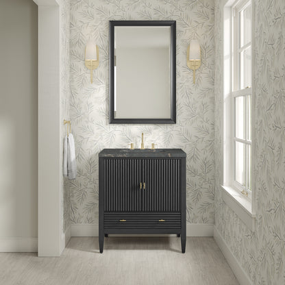 Renovate for Less Atlanta Myrrin 30" Single Vanity, Carbon Oak w/ 3 CM Parisien Bleu Silestone Top