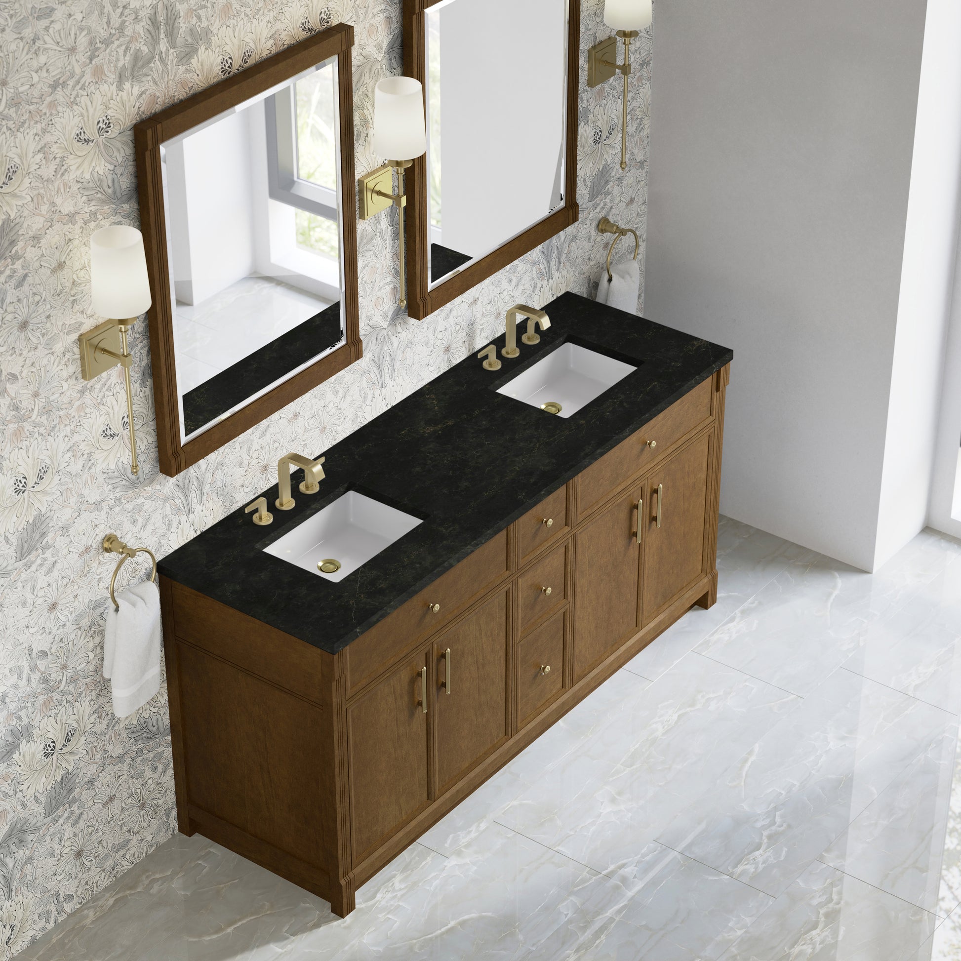 Renovate for Less Atlanta Bellshire 72" Double Vanity, Honey Oak w/ 3 CM Phantome Eclos Top