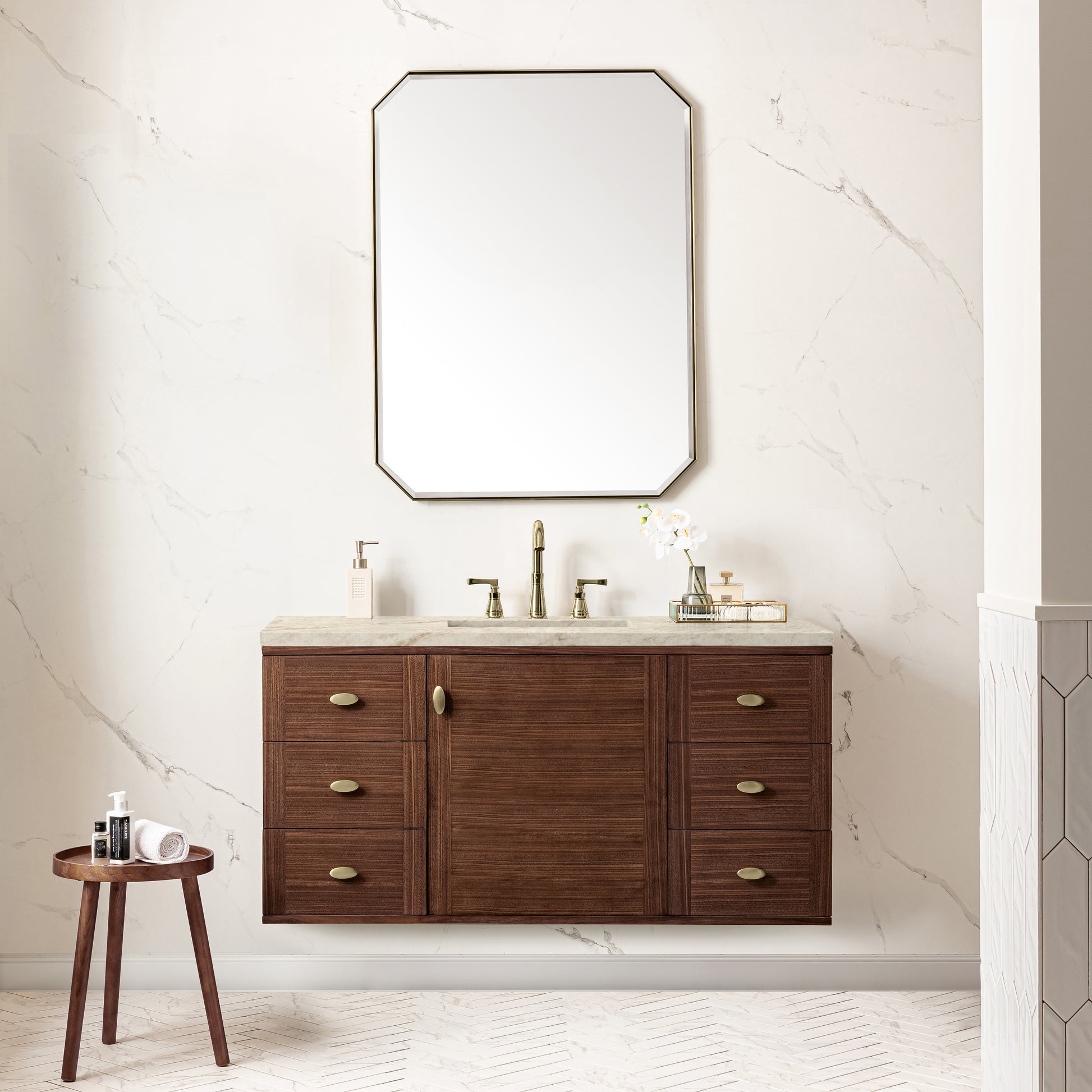 Renovate for Less Atlanta Amberly 48" Single Vanity, Mid-Century Walnut, w/ 3 CM Tajnar Eclos Top w/FreePower Wireless Charger