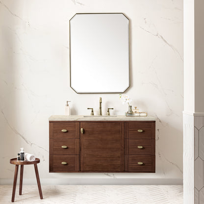 Renovate for Less Atlanta Amberly 48" Single Vanity, Mid-Century Walnut, w/ 3 CM Tajnar Eclos Top w/FreePower Wireless Charger