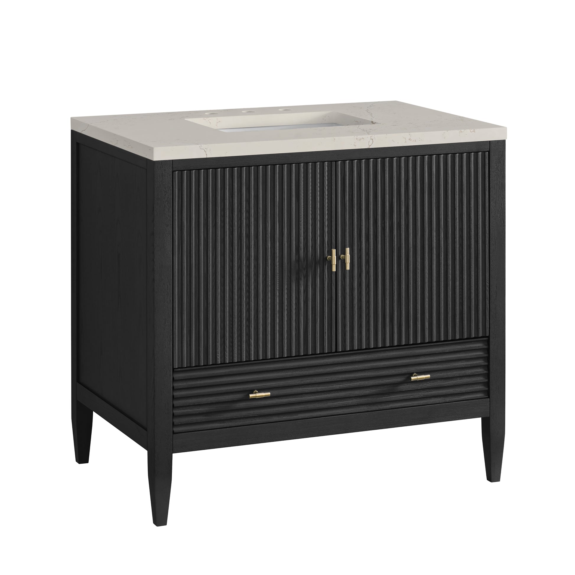 Renovate for Less Atlanta Myrrin 36" Vanity, Carbon Oak, w/ 3 CM Siberian Silestone Top