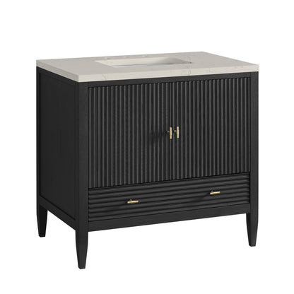 Renovate for Less Atlanta Myrrin 36" Vanity, Carbon Oak, w/ 3 CM Siberian Silestone Top