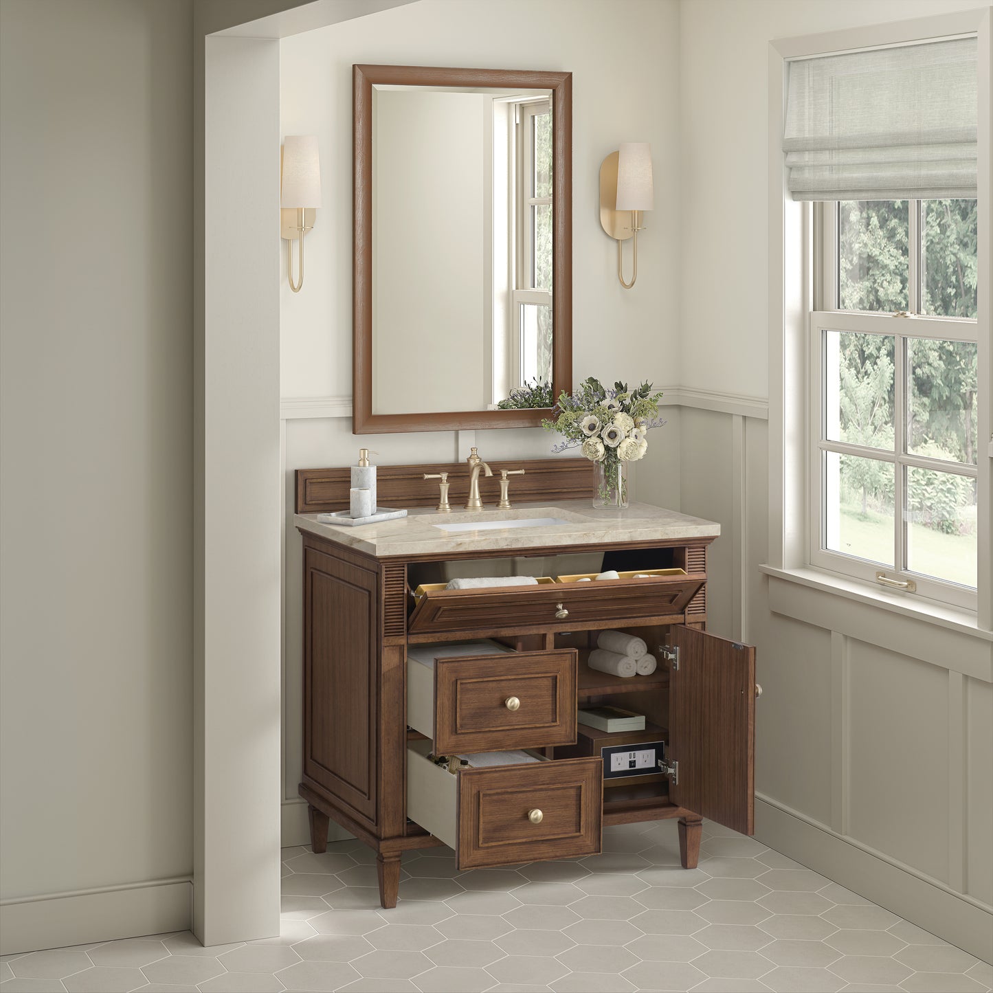 Renovate for Less Atlanta Lorelai 36" Single Vanity, Mid-Century Walnut, w/ 3 CM Tajnar Eclos Top