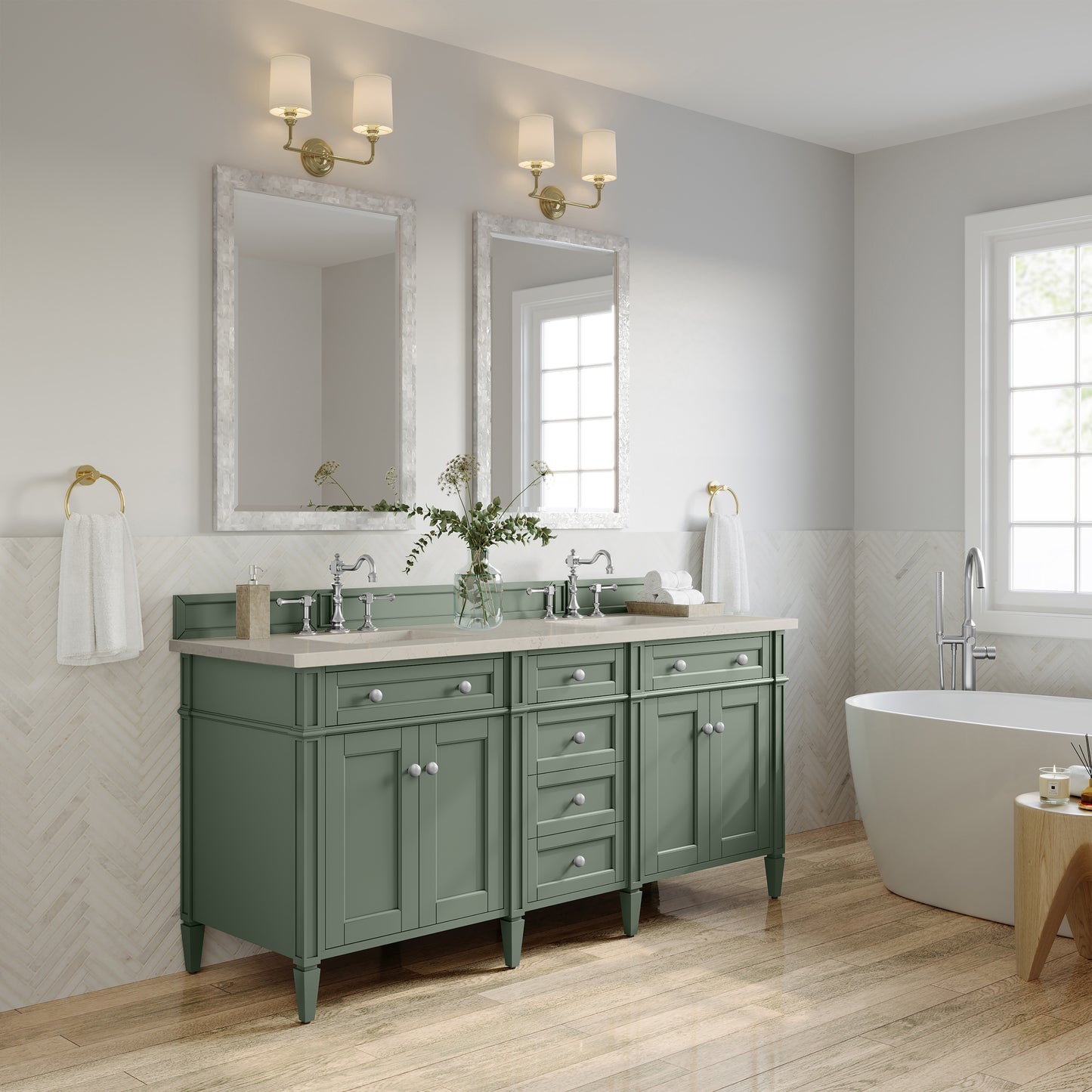 Renovate for Less Atlanta Brittany 72" Double Vanity, Smokey Celadon, w/ 3 CM Siberian Silestone Top w/FreePower Wireless Charger