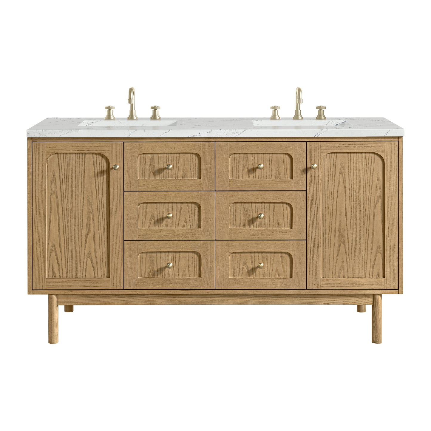 Renovate for Less Atlanta Laurent 60" Double Vanity, Light Natural Oak, w/ 3 CM Ethereal Noctis Quartz Top w/FreePower Wireless Charger