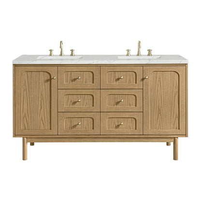 Renovate for Less Atlanta Laurent 60" Double Vanity, Light Natural Oak, w/ 3 CM Ethereal Noctis Quartz Top w/FreePower Wireless Charger
